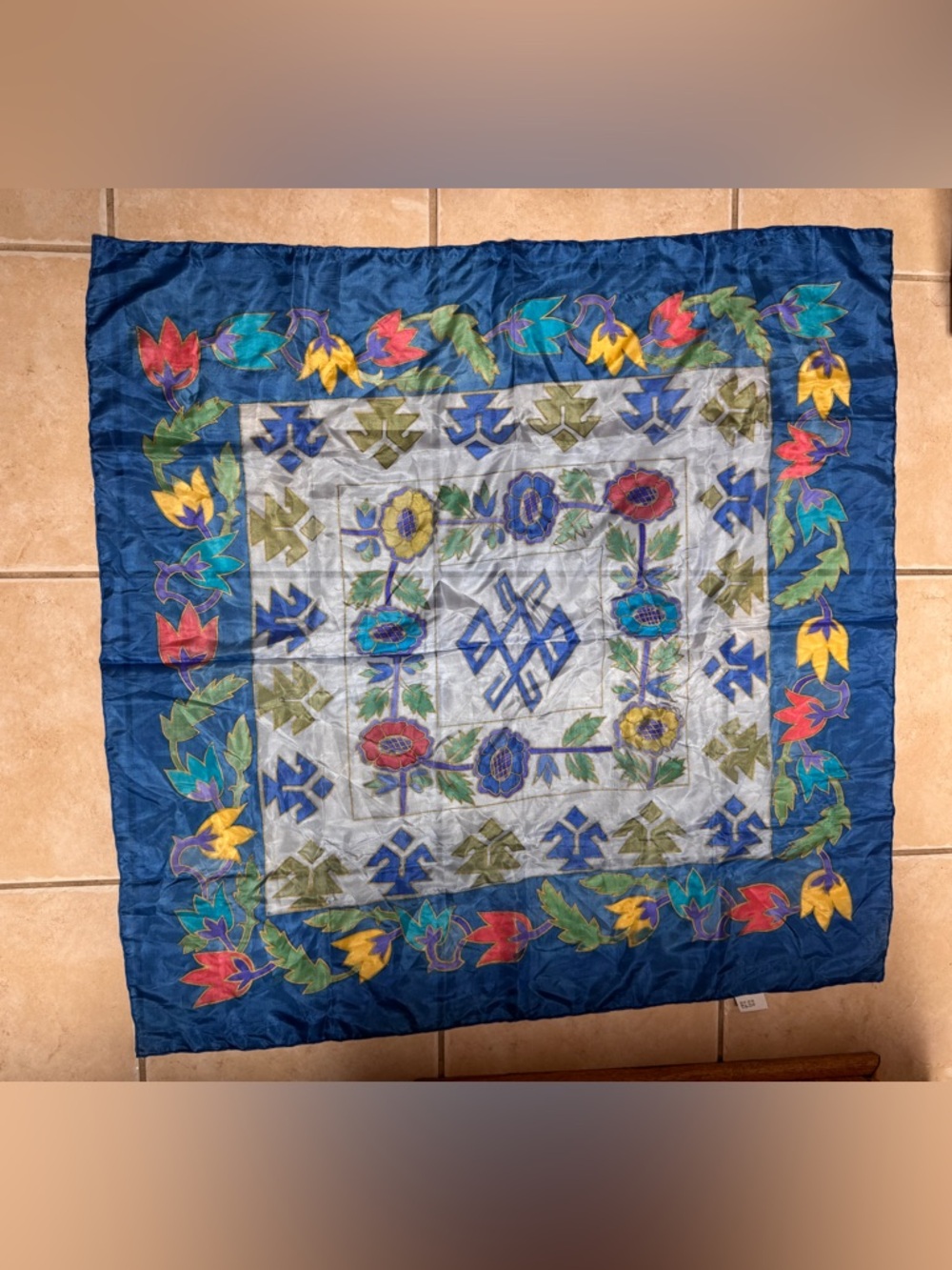 Soylu Ipek Turkey Floral Multicolor Square Silk Scarf - Blue Border